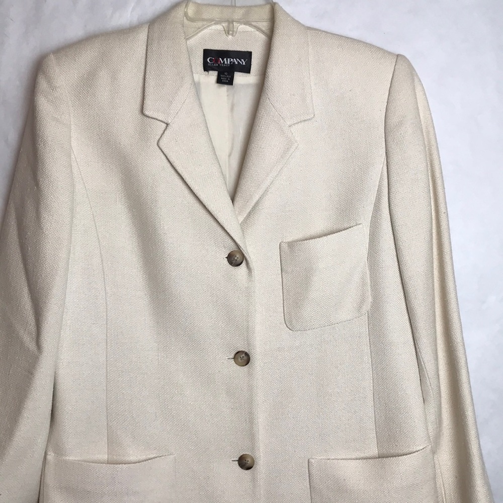 EUC Ellen Tracy 100% silk long blazer padded shoulders pockets size 10